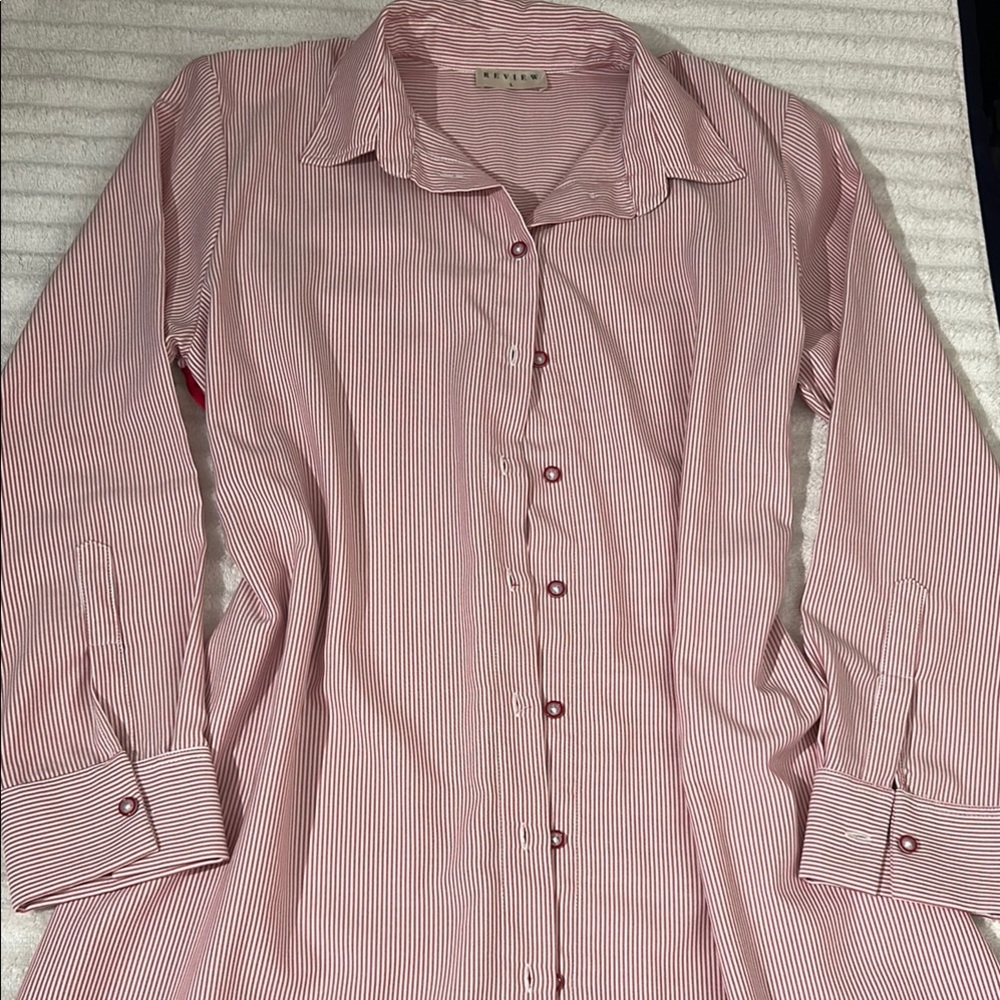 Review Women's Red Striped Button Down Shirt L Preowned
